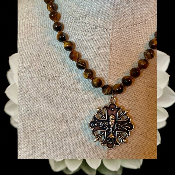 Tigers Eye Beads Cross Coin Medallion Statement  Necklace One Of A Kind - Picture 5 of 6
